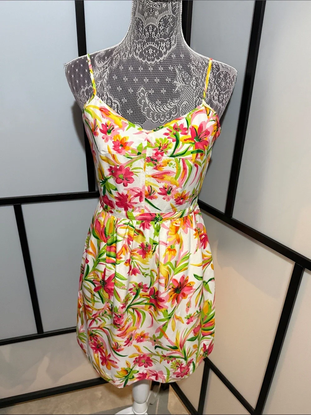 J. Crew White Floral Spaghetti-Strap Mini Dress with Pink & Yellow Bloom Print